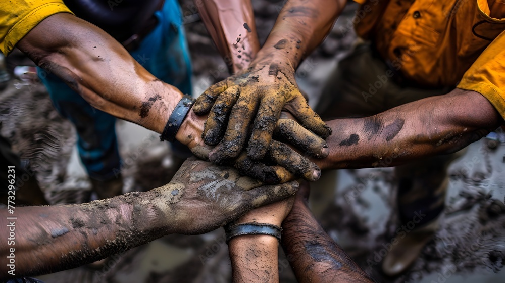 Stacked Hands of Hardworking Laborers Showcasing Strength and Solidarity on a Construction Site