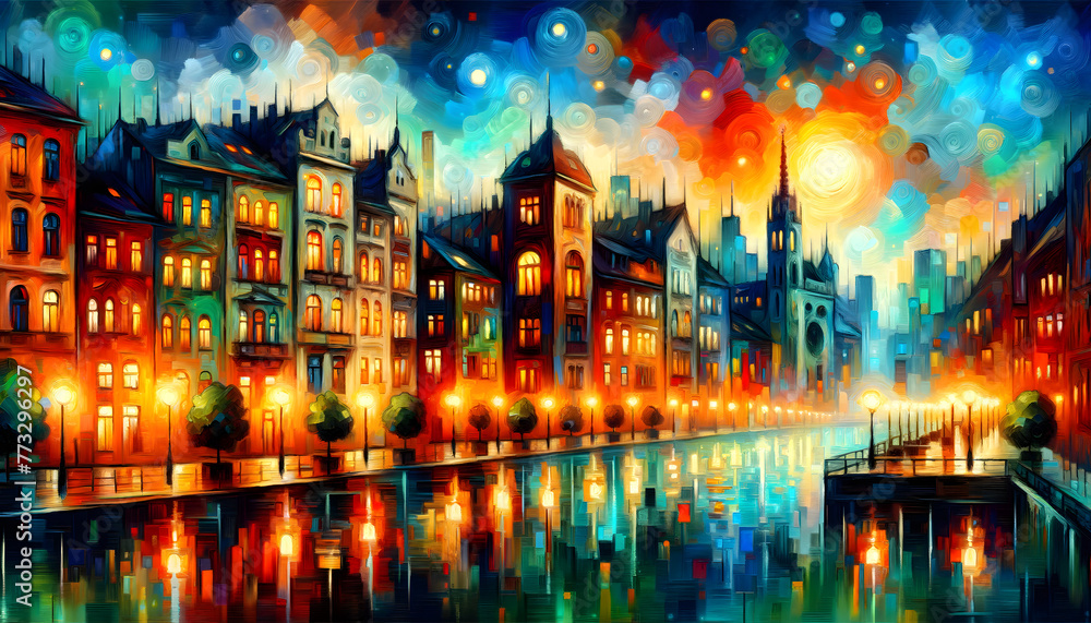 A whimsical Budapest cityscape at night, portrayed with the bright colors of a sunny summer day. The lively scene blends the vibrancy of daylight with the mystery of the night sky