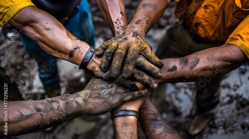 Stacked Hands of Hardworking Laborers Showcasing Strength and Solidarity on a Construction Site photo