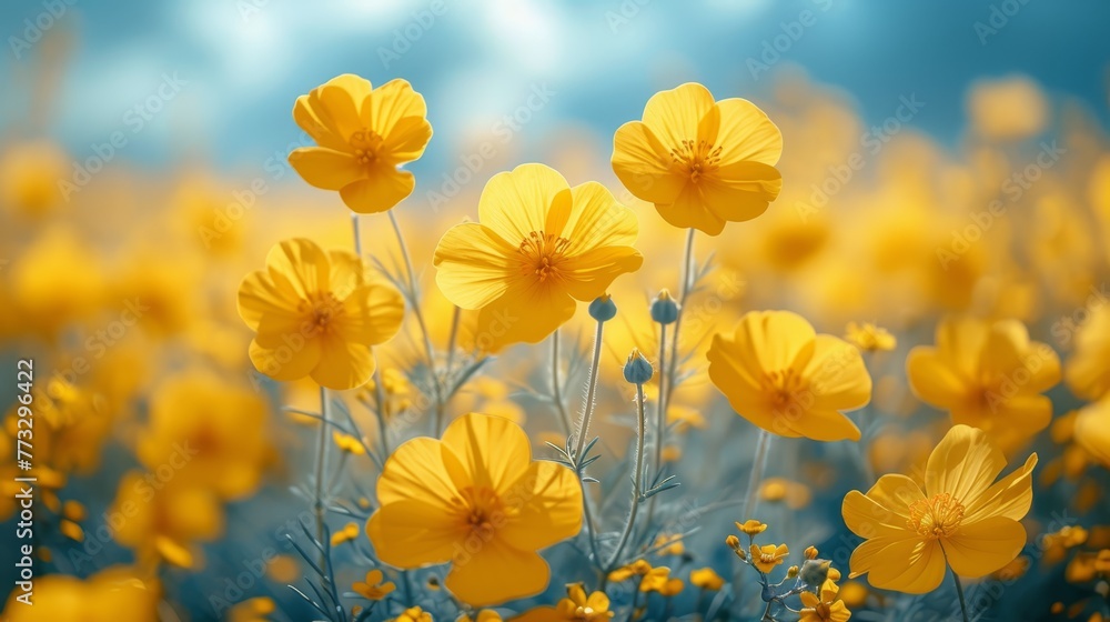 A clear image features a field filled with yellow blooms against a blue backdrop A clear image features a field filled with yellow blooms against a blue backdrop