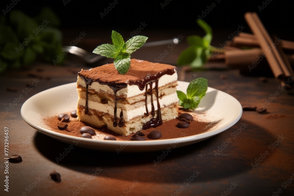 Tempting tiramisu on a ceramic tile against a natural brick background Tempting tiramisu on a ceramic tile against a natural brick background