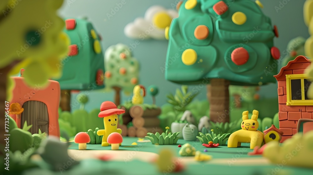 Playful Clay Animation Scene with Colorful 3D Characters and Whimsical Forest Environment Playful Clay Animation Scene with Colorful 3D Characters and Whimsical Forest Environment