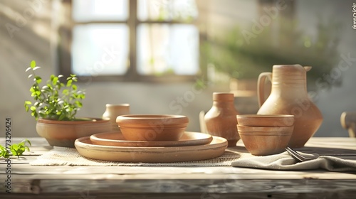 Handcrafted Clay Kitchenware on a Rustic Wooden Table - A Cozy and Inviting Farmhouse-Inspired Still Life © pkproject
