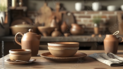 Handcrafted Clay Kitchenware Arranged on a Rustic Wooden Table Showcasing the Warmth and Charm of Artisanal Pottery