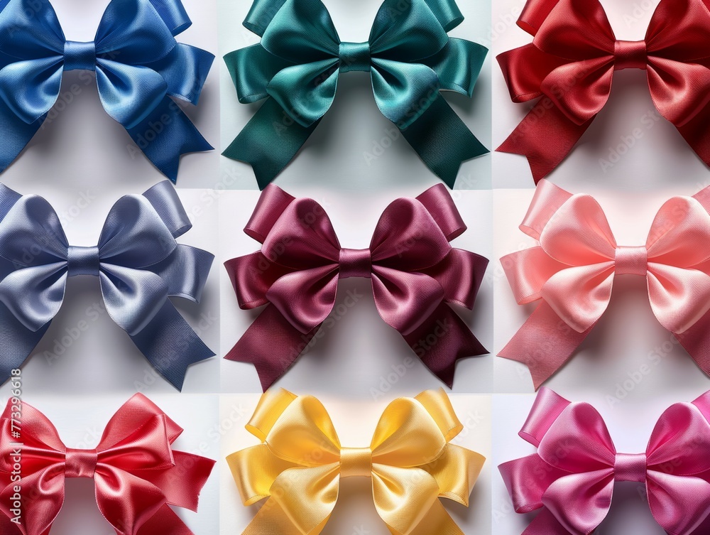 Set of bright colored ribbons bows isolated on white background, top view, copy space for gift greeting card Set of bright colored ribbons bows isolated on white background, top view, copy space for gift greeting card