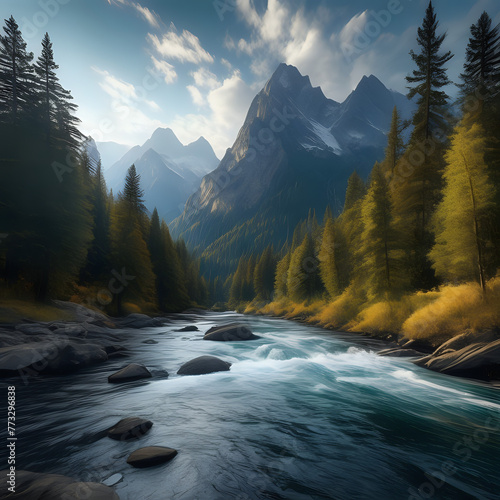 Stunning mountain, river, and forest landscape photograph - generated by ai