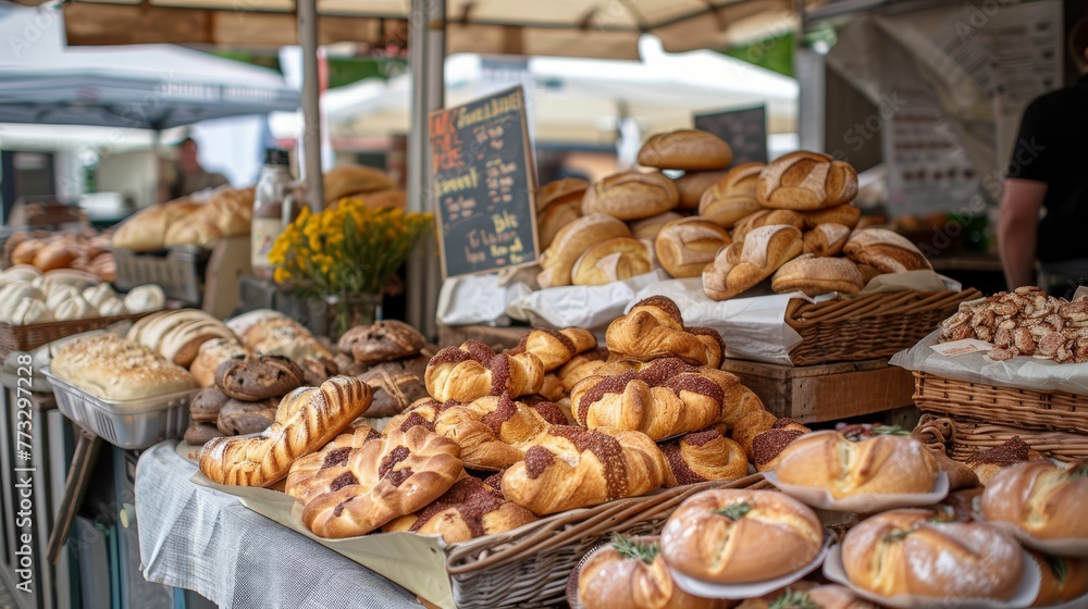 Open-air bakery market stall, aromas inviting, fresh mornings allure