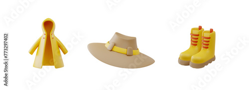 Isometric set: hiking raincoat, hat, boots, outdoor gear for camping.