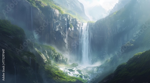   A waterfall in a verdant valley  surrounded by trees on each side