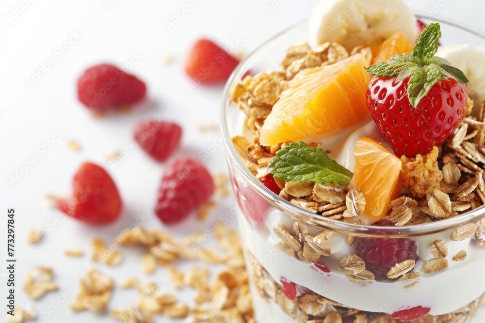 cereal with fruit dropped in yogurt Isolated on white background cereal with fruit dropped in yogurt Isolated on white background
