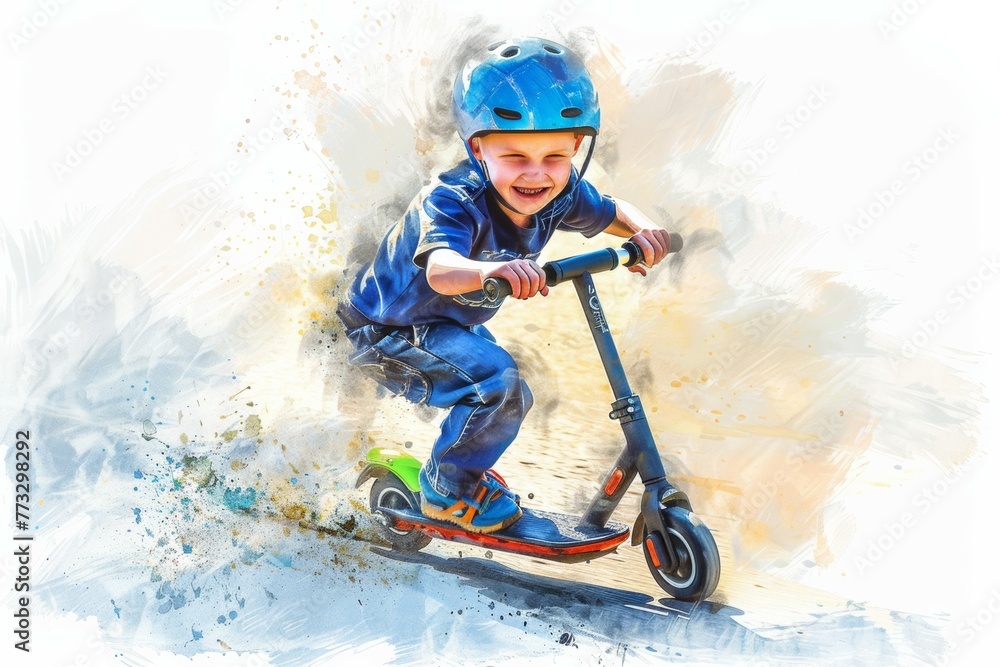 Illustration of a Kid Boy Wearing Helmet and Using a Scooter
