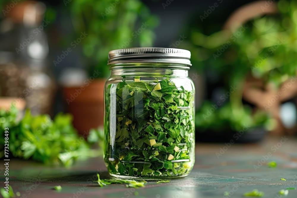 a sealed jar filled with green herbs a sealed jar filled with green herbs