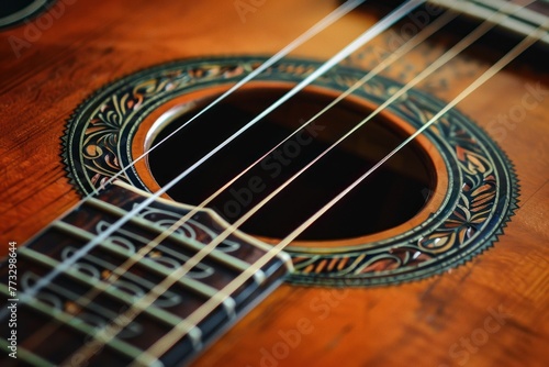 view of guitar strings and sound hole photo