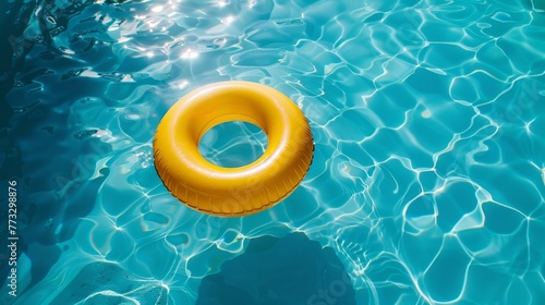 Yellow swimming pool ring float in blue water. concept color summer photo