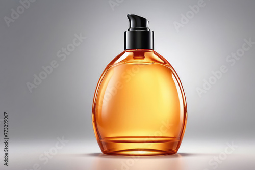 a bottle of orange liquid on a gray background