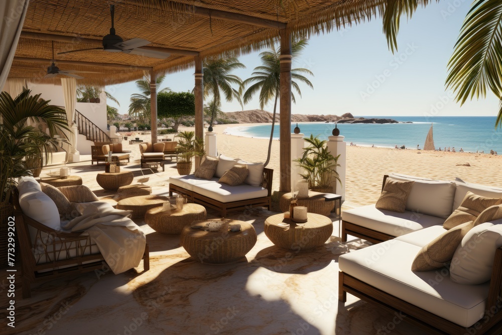 Fototapeta premium the beach club area full of bungalows made out of bamboos inspiration ideas