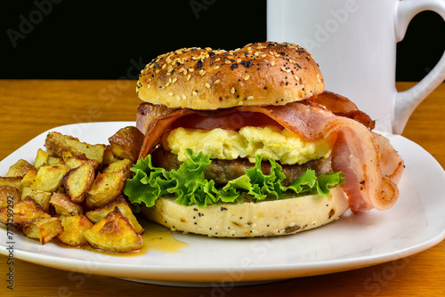 scramble egg sausage bagel breakfast sandwich