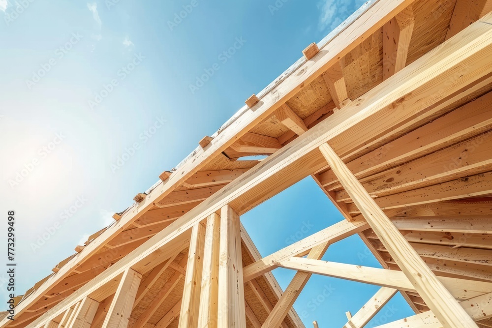 Construction of a wooden country house, supports from wooden beams on blue sky background