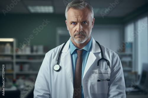 Generative AI photography of professional mature man doctor in hospital