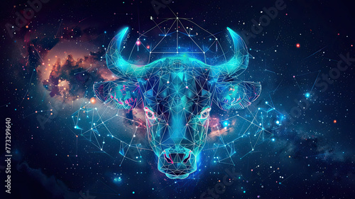 Beautiful futuristic background with the image of the head of Taurus zodiac sign on the background of the starry sky, picture for a notebook , poster design April 21 - May 21