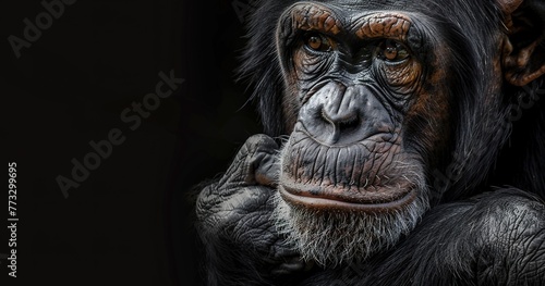 Pensive chimpanzee, deep in thought, detailed facial expressions, close-up. © Thanthara
