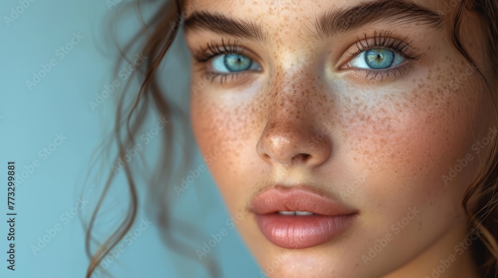A close-up of a woman's face with freckled hair and faintly freckled eyes A close-up of a woman's face with freckled hair and faintly freckled eyes