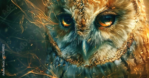Mystical owl portrait, eyes glowing wisdom, feathers detailed in moonlight. 