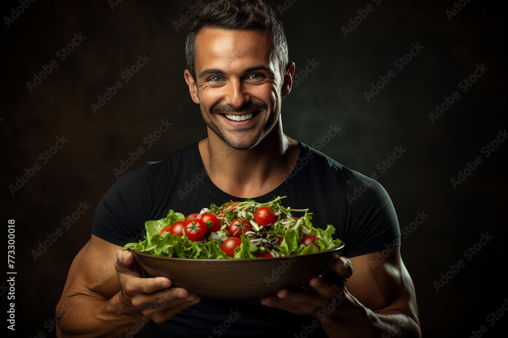 AI generated image of handsome man cooking and eating healthy organic vegetarian food AI generated image of handsome man cooking and eating healthy organic vegetarian food