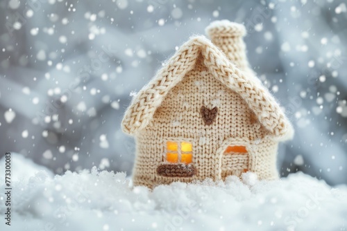 cozy knitted house on snowy background
