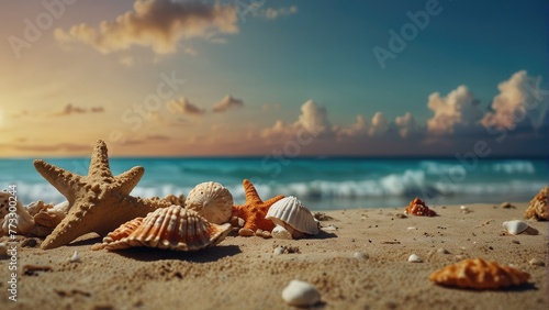 Seaside Serenity Panoramic Summer Beach with Seashells and Starfish