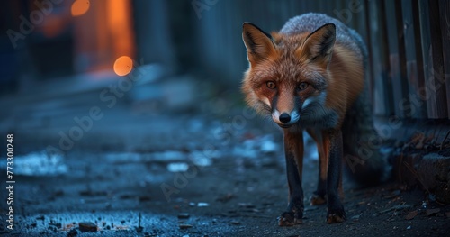 Fox in an alley  sleek and alert  urban night scene. 