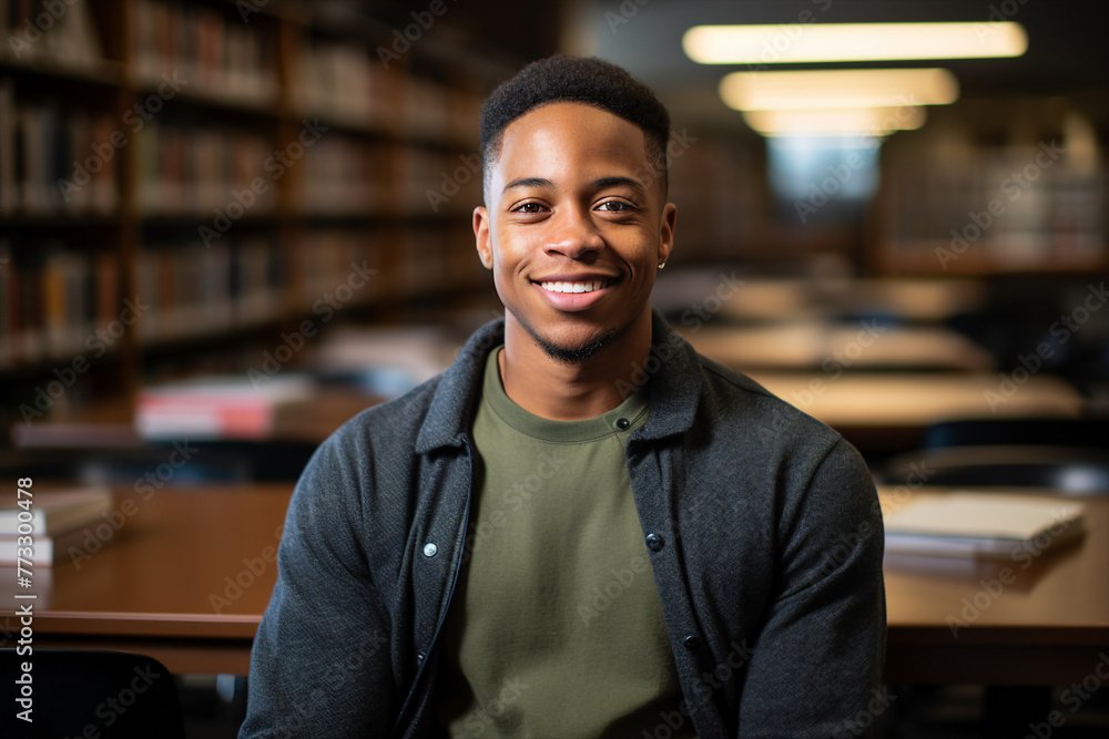 Fototapeta premium AI generated photo of young student man preparing for an exam studying literature in library