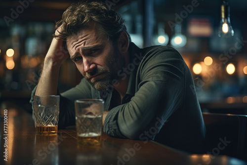 AI generated portrait of depressed tired man sitting at desk with alcoholic drink looking tired and sad photo
