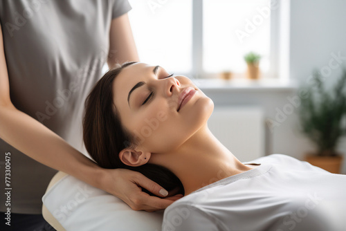 Generative ai photo image of happy relaxed smiling person enjoying professional doctor massage photo