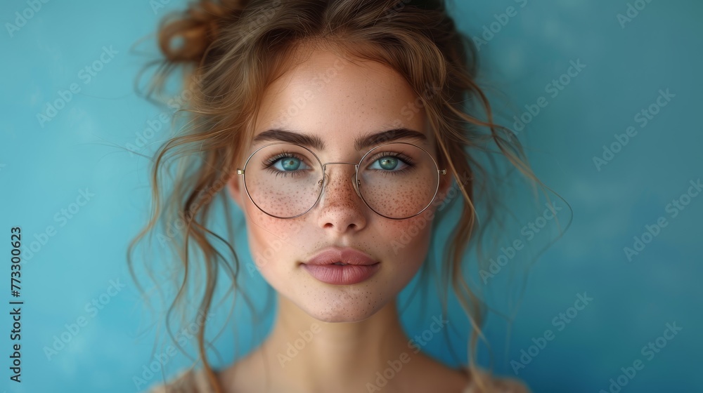 A tight shot of a woman in glasses, her freckled face dotted with a visible freckle on her cheek A tight shot of a woman in glasses, her freckled face dotted with a visible freckle on her cheek