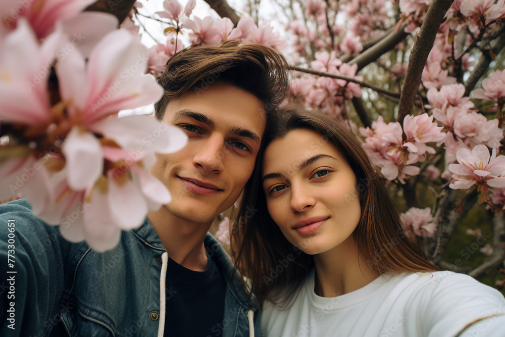 Obraz premium Happy people enjoying beautiful spring day park trees blossom city view Generative AI illustration