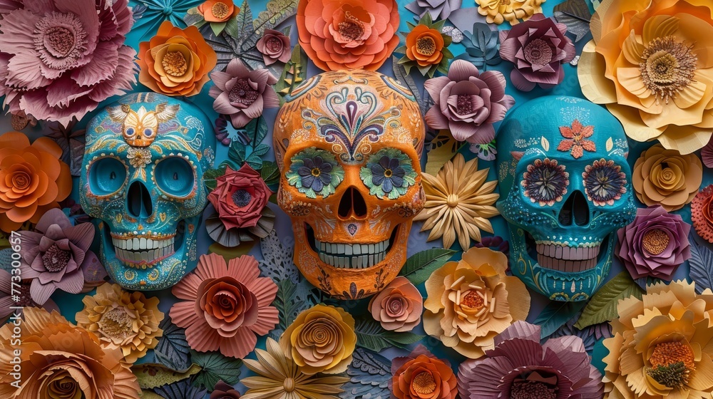 Three skulls are surrounded by flowers and leaves. The skulls are painted in bright colors and have a smiling expression