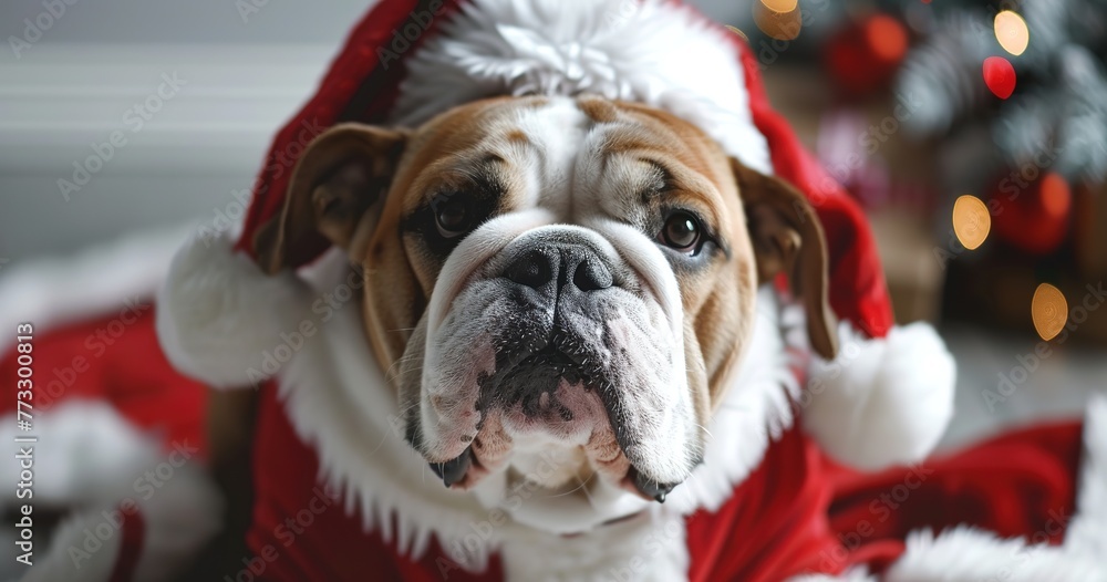 Bulldog in a Santa Claus outfit, jolly and festive for Christmas.