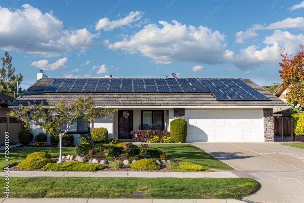 Naklejka premium Modern single-story residential home with a solar panel installation on the roof. Eco friendly house. Renewable energy of green power.