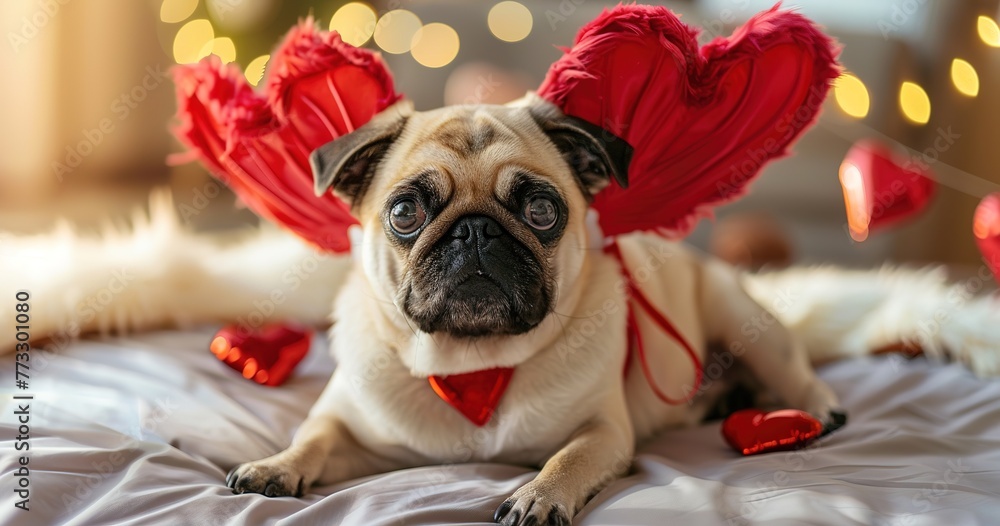Pug in a cupid costume, Valentine's Day theme, love and affection. 