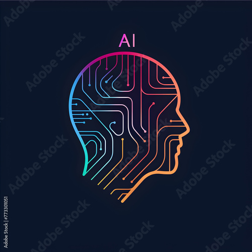 Colorful AI head with brain made of wires The head is surrounded by a black background. The head represents the human brain. and the wires represent nerve pathways. Generative AI