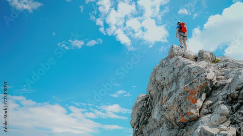 A rock climber reaching the summit of a challenging peak, conquering the climb. 