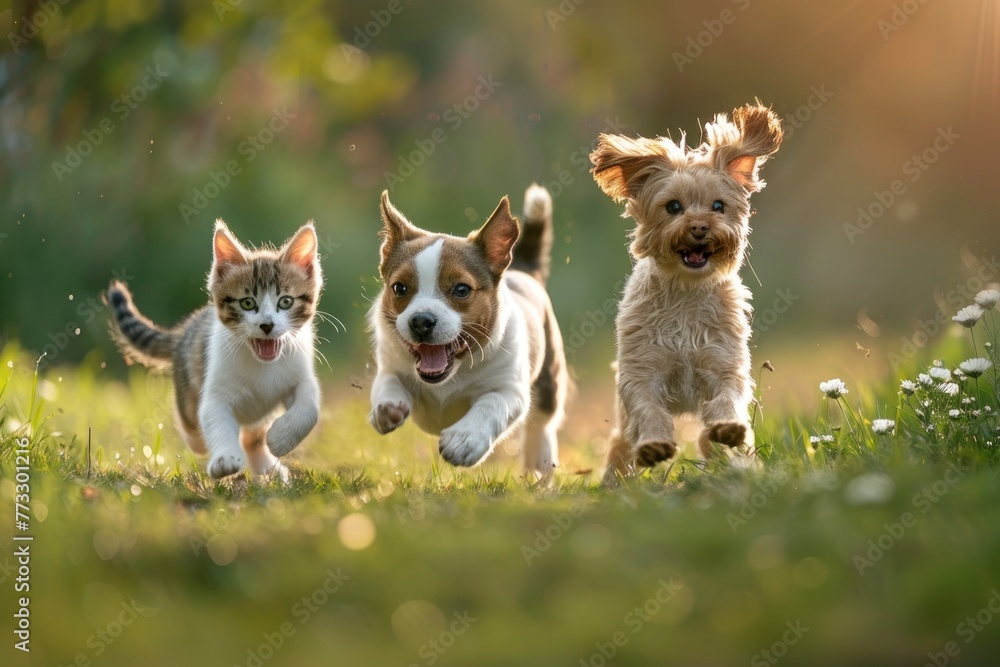 Cute funny dog and cat group jumps and running and happily a field blurred background