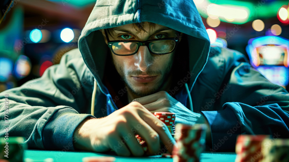 Fototapeta premium Man in Hoodie Playing a Game of Poker