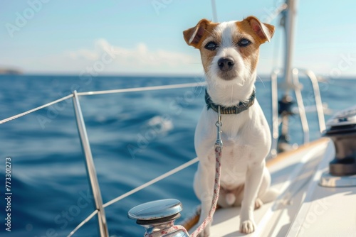 Cute little dog sailing on luxury yacht boat deck against sea water on bright sunny summer day