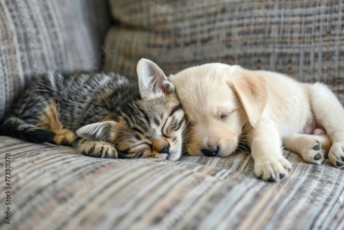 kitten cat and a little puppy together on the couch