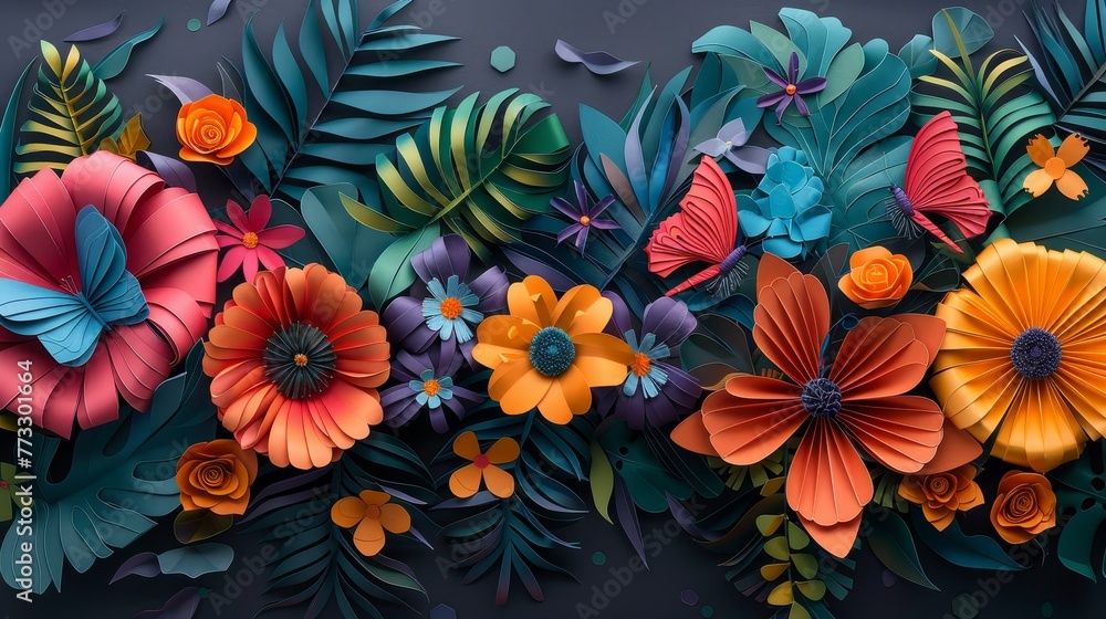 A colorful bouquet of flowers with butterflies and a butterfly on it. The flowers are arranged in a line and are of various colors, including red, orange, and yellow A colorful bouquet of flowers with butterflies and a butterfly on it. The flowers are arranged in a line and are of various colors, including red, orange, and yellow