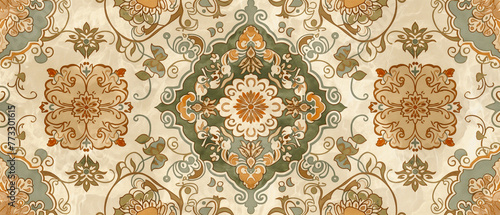 Persian wallpaper design inspired by the Achaemenid Empire. Intricate design and scrolling floral motifs. Vibrant resource background.	 photo