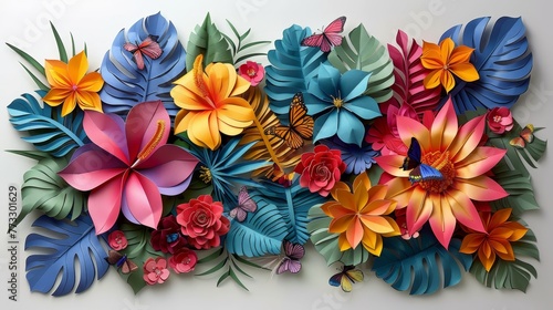 A colorful paper flower arrangement with butterflies and flowers. The arrangement is made of paper and has a tropical theme