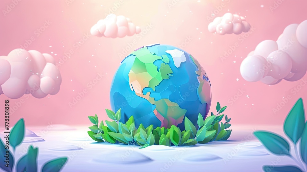 A stylized illustration of Earth surrounded by foliage with a soft pink sky and fluffy clouds